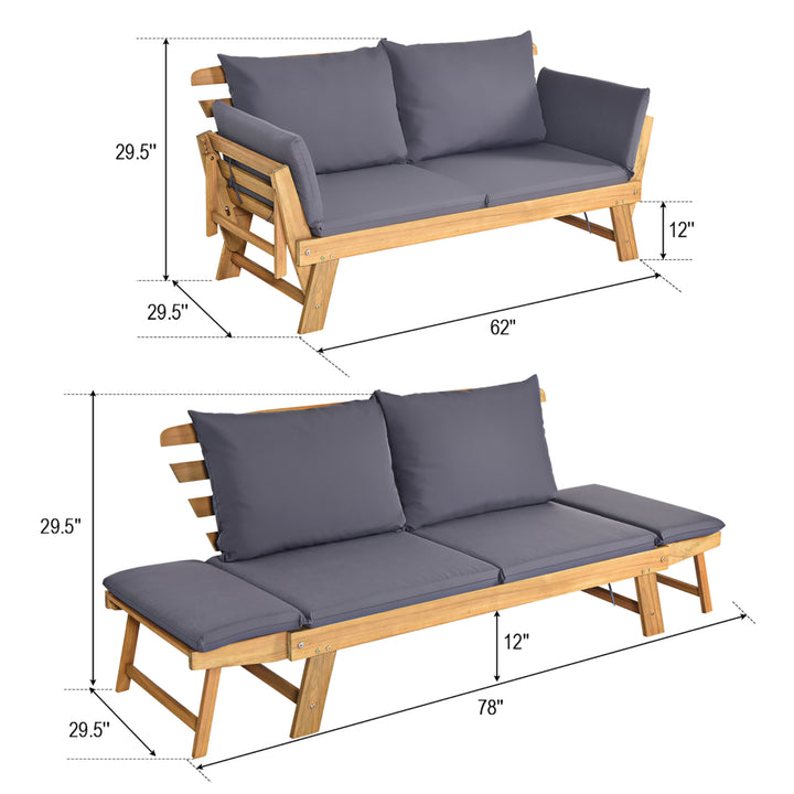 Adjustable Patio Sofa Daybed Acacia Wood Furniture w/ Cushion Pillow Image 3