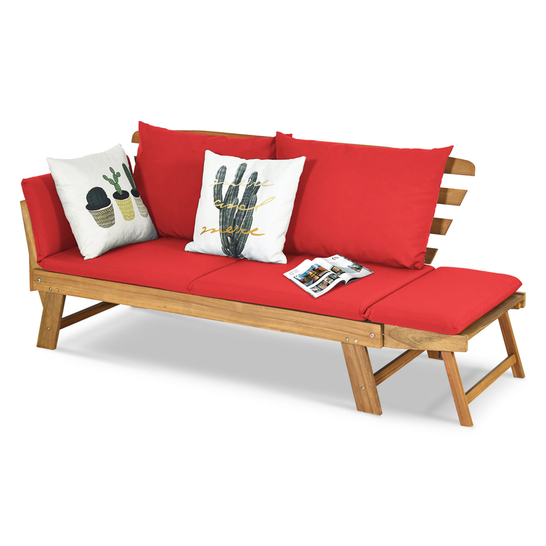 Adjustable Patio Sofa Daybed Acacia Wood Furniture w/ Red Cushions Image 10