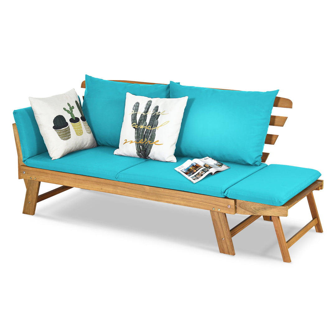 Adjustable Patio Sofa Daybed Acacia Wood Furniture w/ Turquoise Cushions Image 10