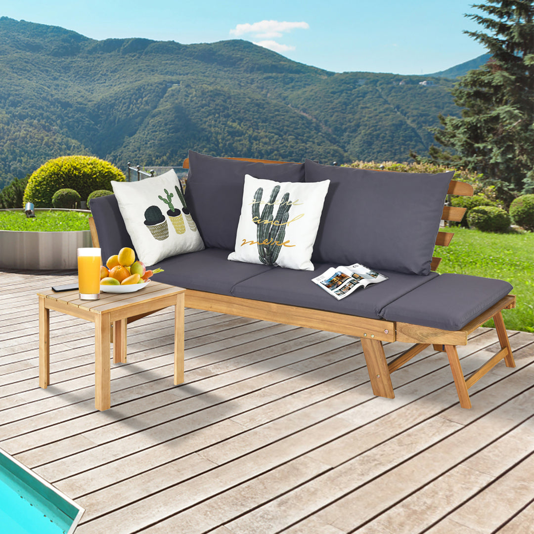 Adjustable Patio Sofa Daybed Acacia Wood Furniture w/ Cushion Pillow Image 9