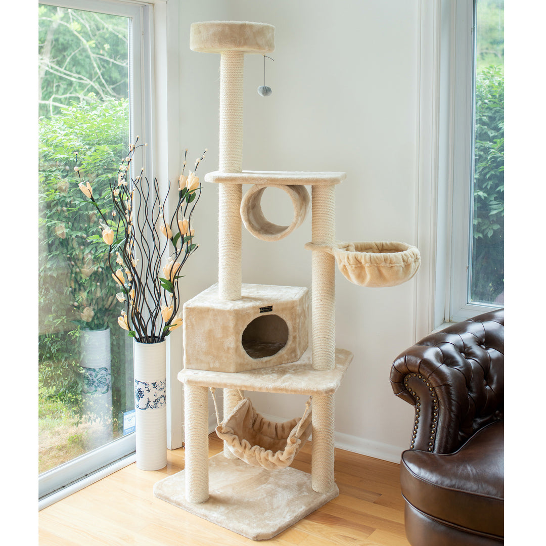 Armarkat A7204 Classic Cat Tree Beige Real Wood with Tunnel Basket Hammock Perch Image 8