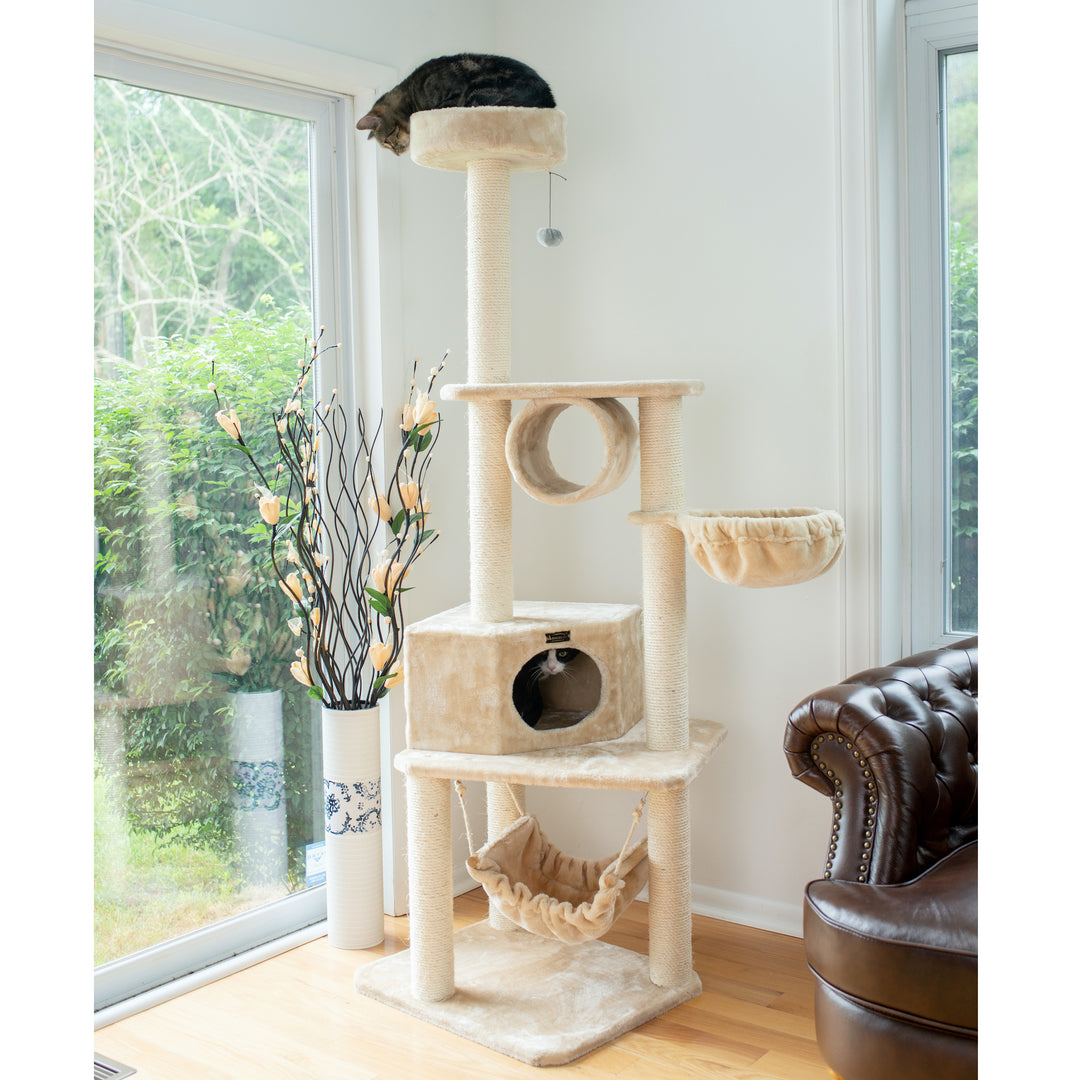 Armarkat A7204 Classic Cat Tree Beige Real Wood with Tunnel Basket Hammock Perch Image 9