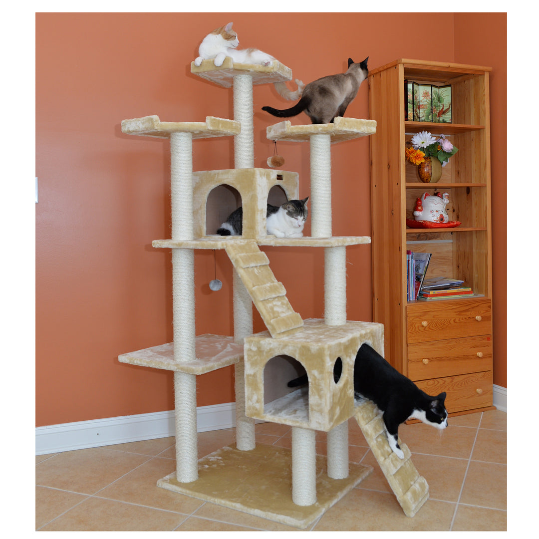 Armarkat A7401 Cat Tree 74 Inch Beige Real Wood with Playhouses and Scratching Posts Image 7