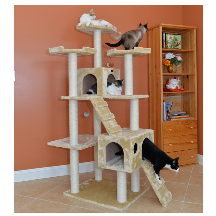 Armarkat A7401 Cat Tree 74 Inch Beige Real Wood with Playhouses and Scratching Posts Image 7