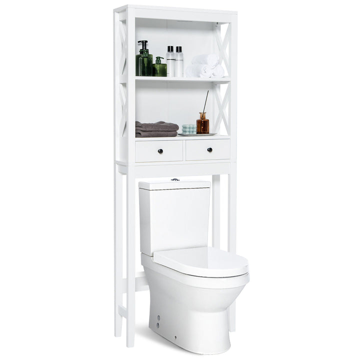 Over the Toilet Storage Rack Bathroom Space Saver w/ 2 Open Shelves and Drawers Image 1