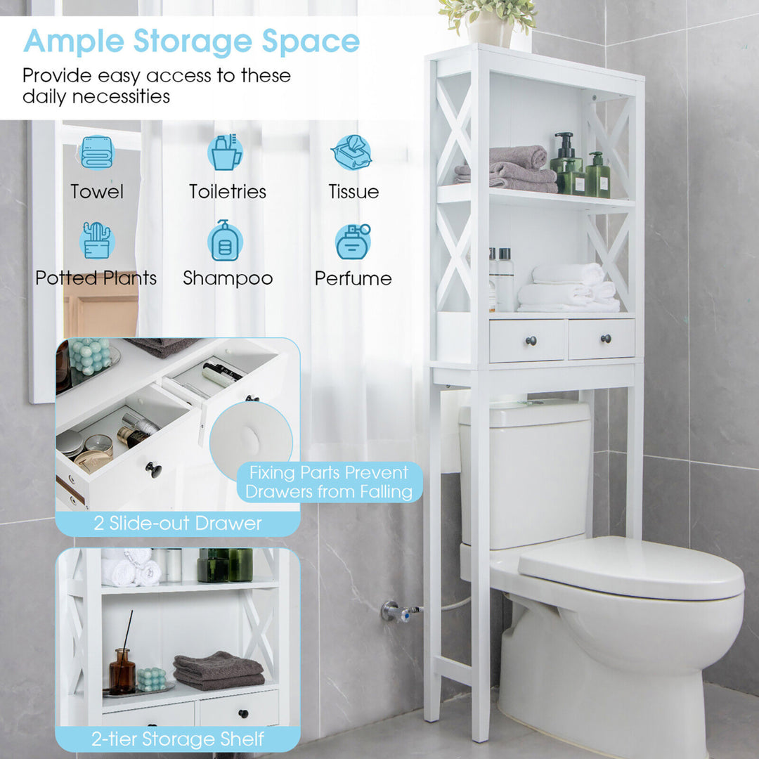 Over the Toilet Storage Rack Bathroom Space Saver w/ 2 Open Shelves and Drawers Image 8