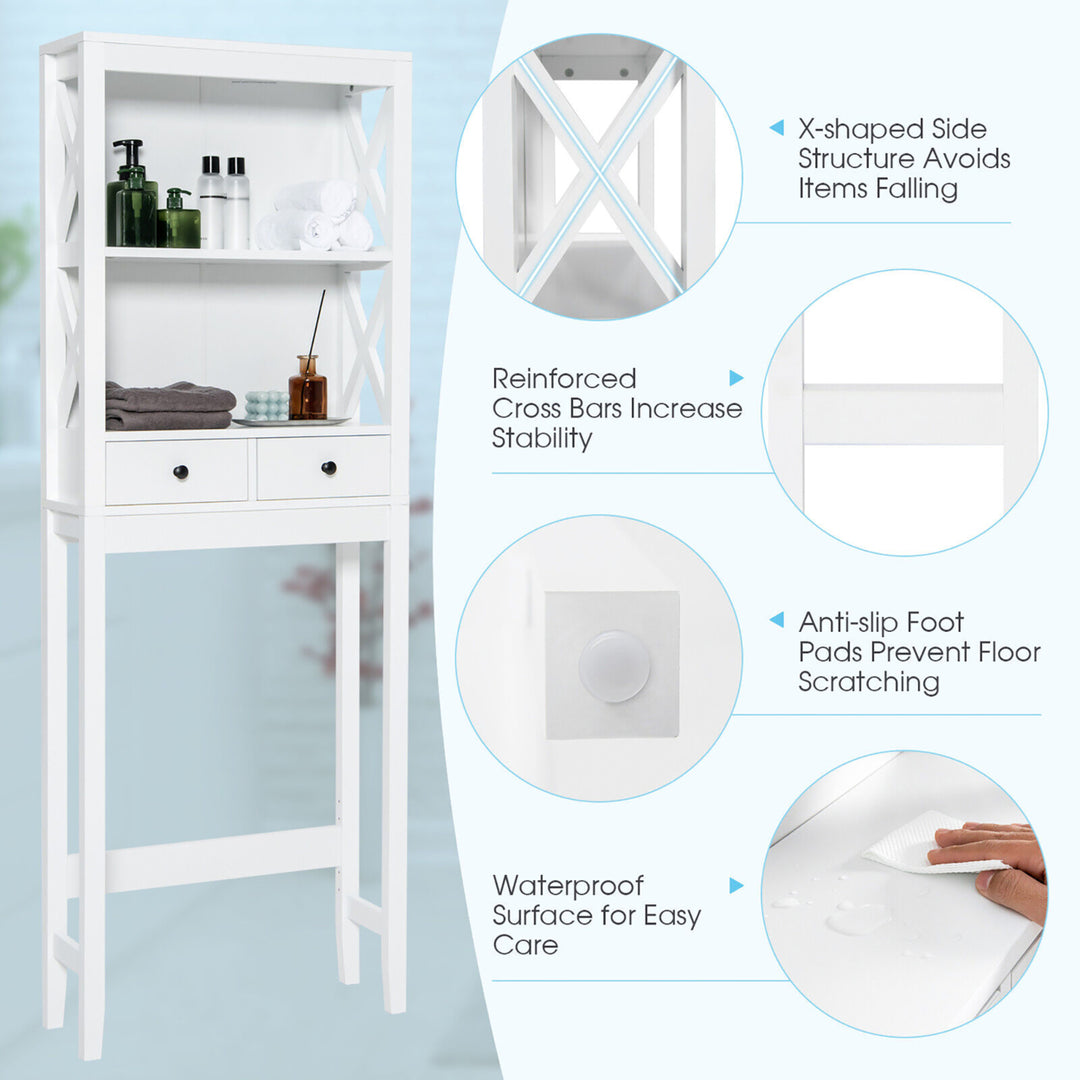 Over the Toilet Storage Rack Bathroom Space Saver w/ 2 Open Shelves and Drawers Image 9