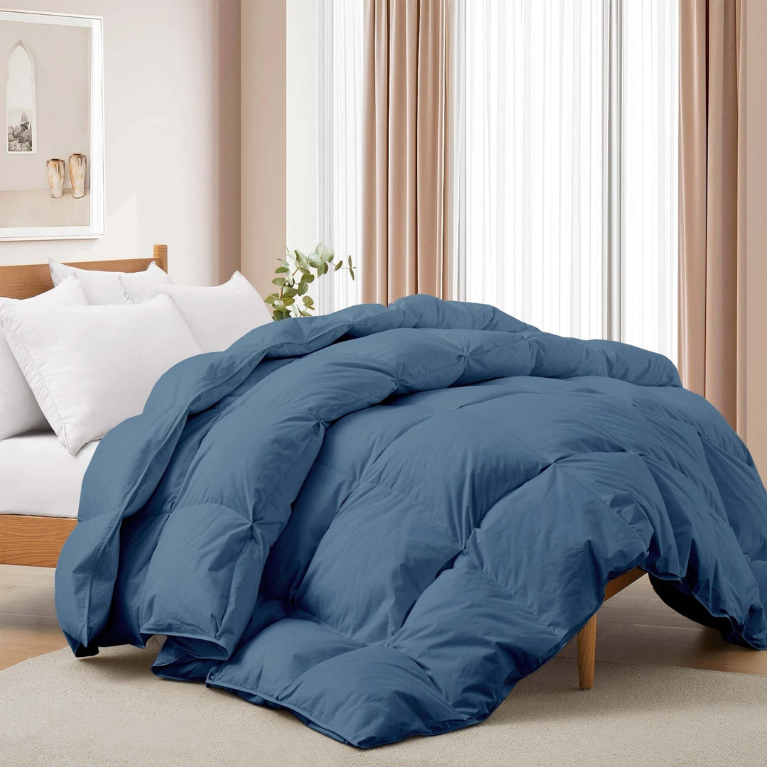 All Seasons Goose Feather Down Comforter Pinch Pleat Cotton Twin Queen King Image 1