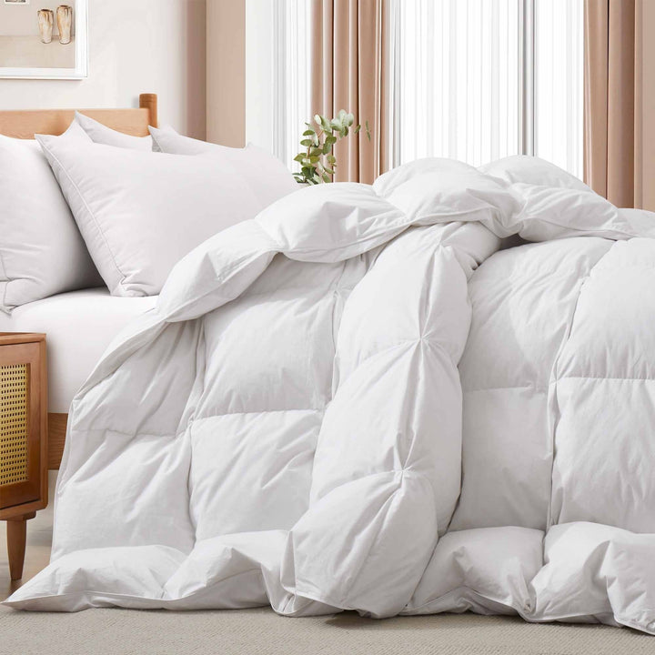 All Seasons Goose Feather Down Comforter Pinch Pleat Cotton Twin Queen King Image 1