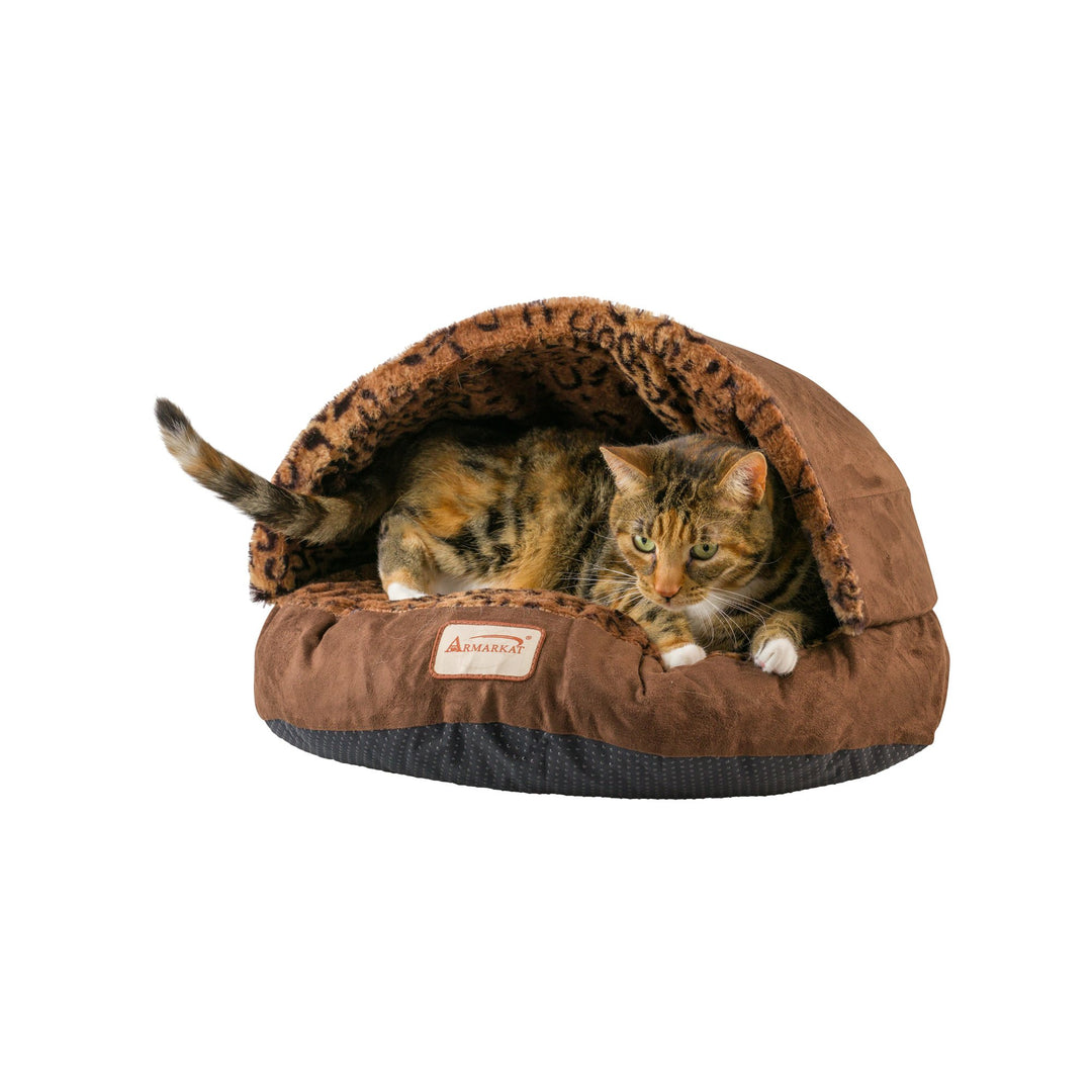 Armarkat C31 Mocha Leopard Cuddle Cave Cat Bed Waterproof Plush 20x20x11 Image 3