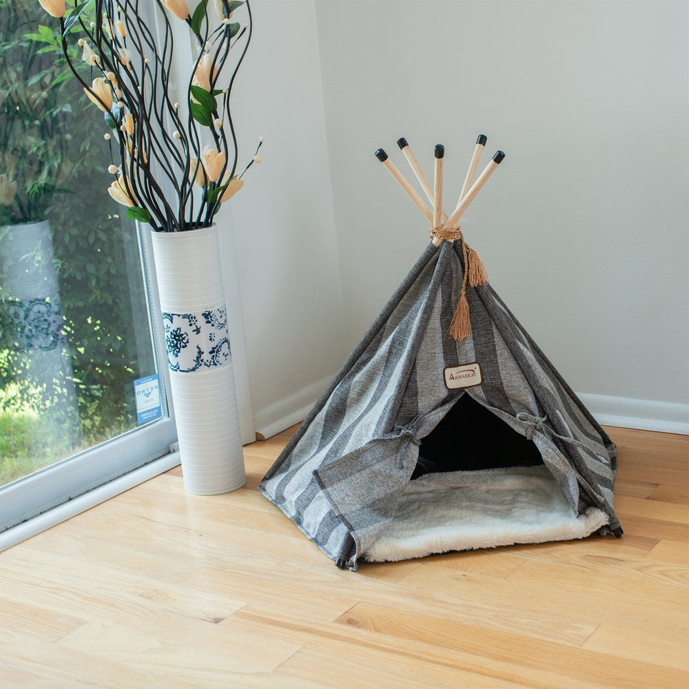 Armarkat Cat Bed C56 Teepee Gray Striped Pattern Soft Plush Durable Water Resistant Image 2