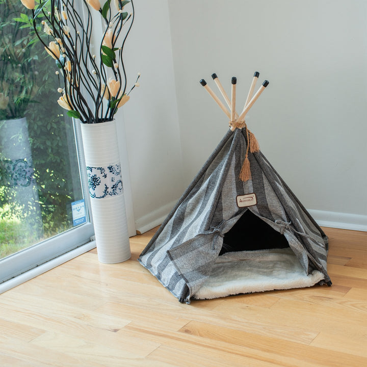 Armarkat Cat Bed C56 Teepee Gray Striped Pattern Soft Plush Durable Water Resistant Image 2