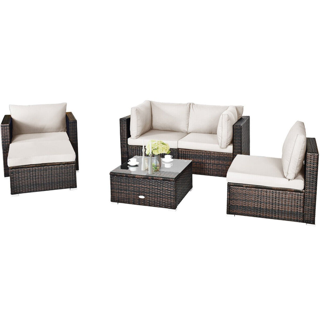 6PCS Patio Conversation Set Rattan Sectional Furniture Set w/ White Cushions Image 1