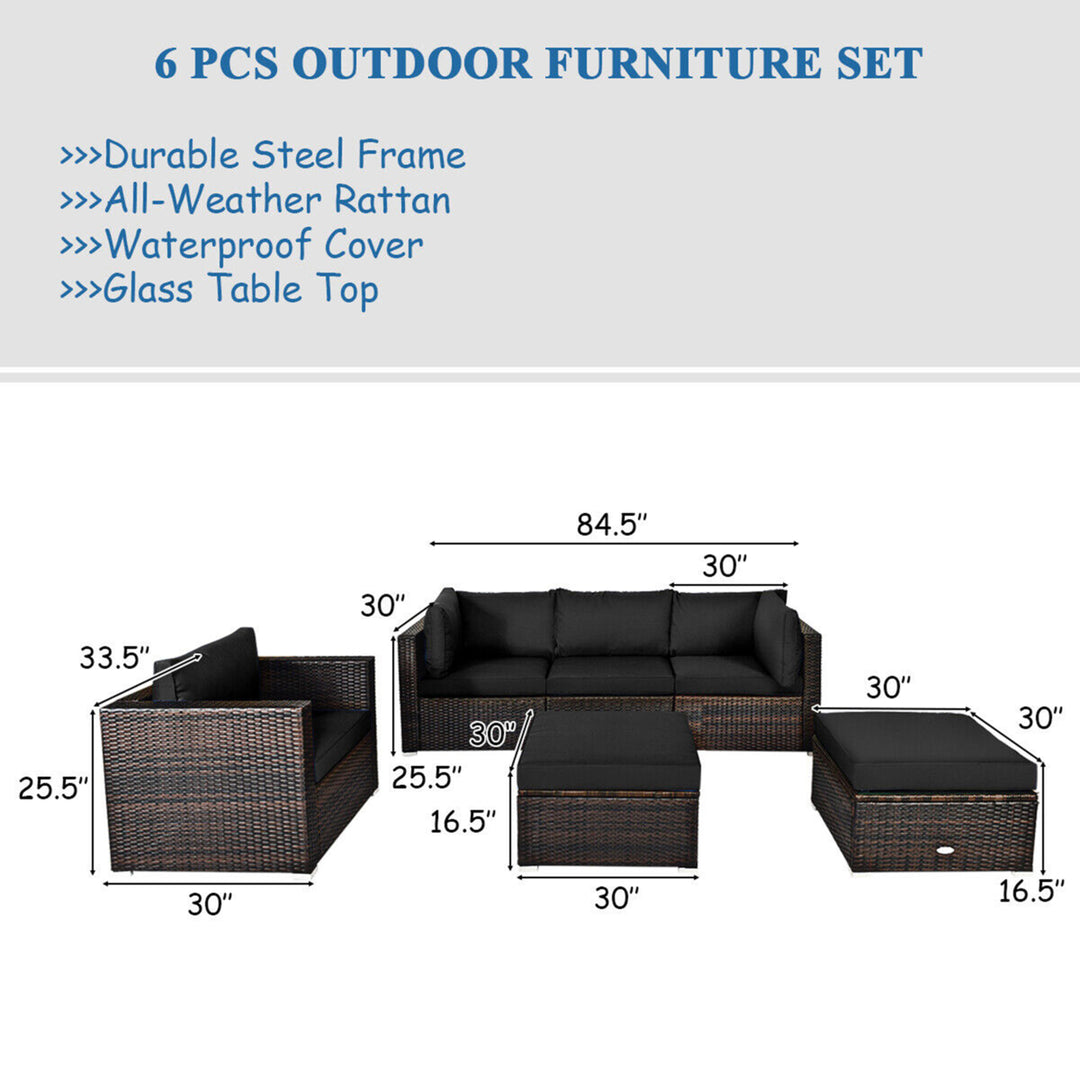 6PCS Patio Conversation Set Rattan Sectional Furniture Set w/ Black Cushions Image 2