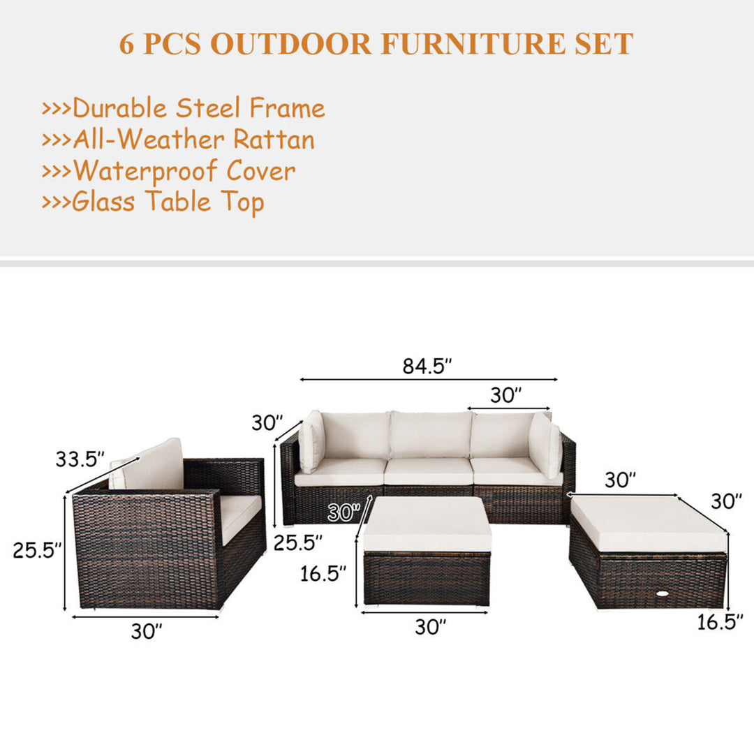 6PCS Patio Conversation Set Rattan Sectional Furniture Set w/ White Cushions Image 2