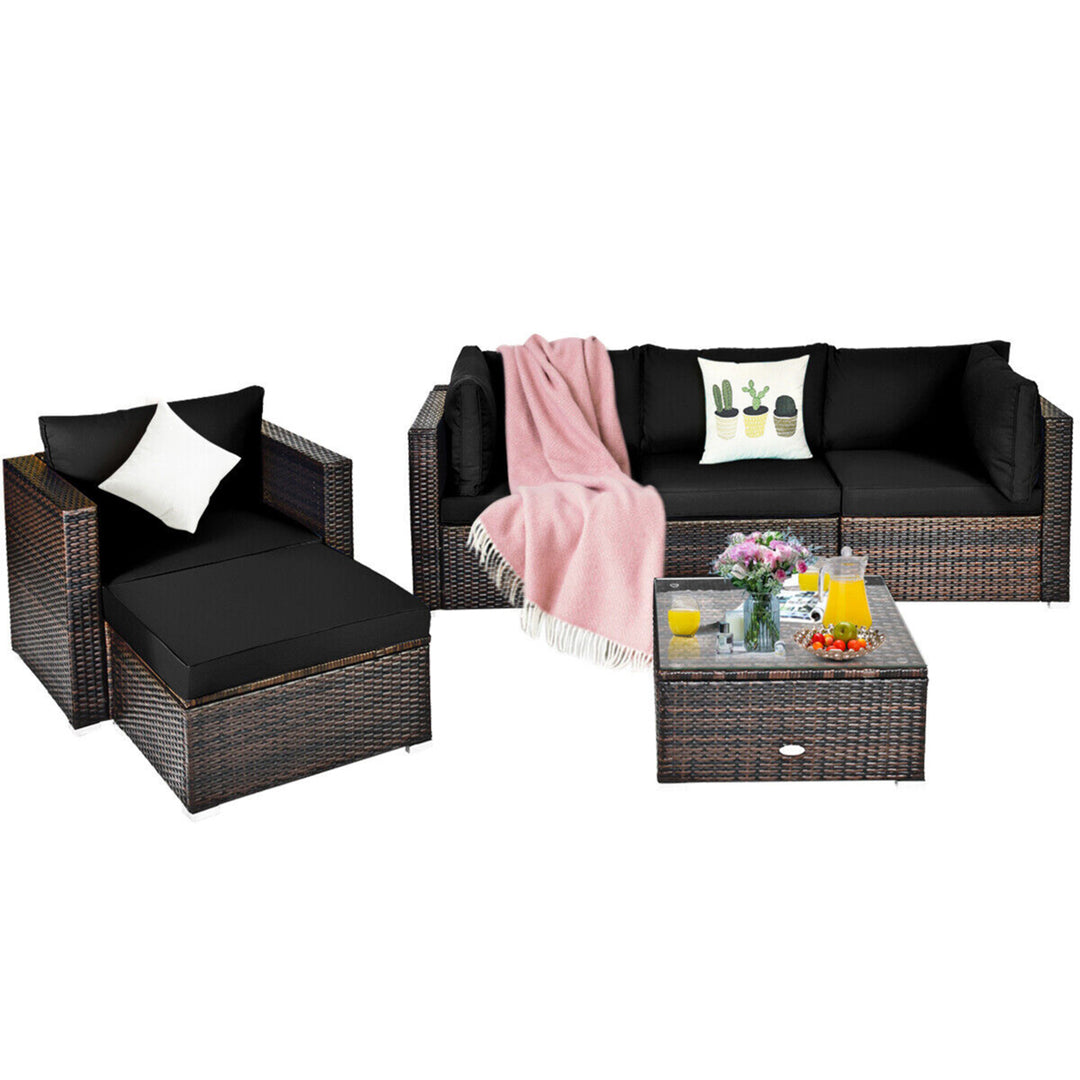 6PCS Patio Conversation Set Rattan Sectional Furniture Set w/ Black Cushions Image 6