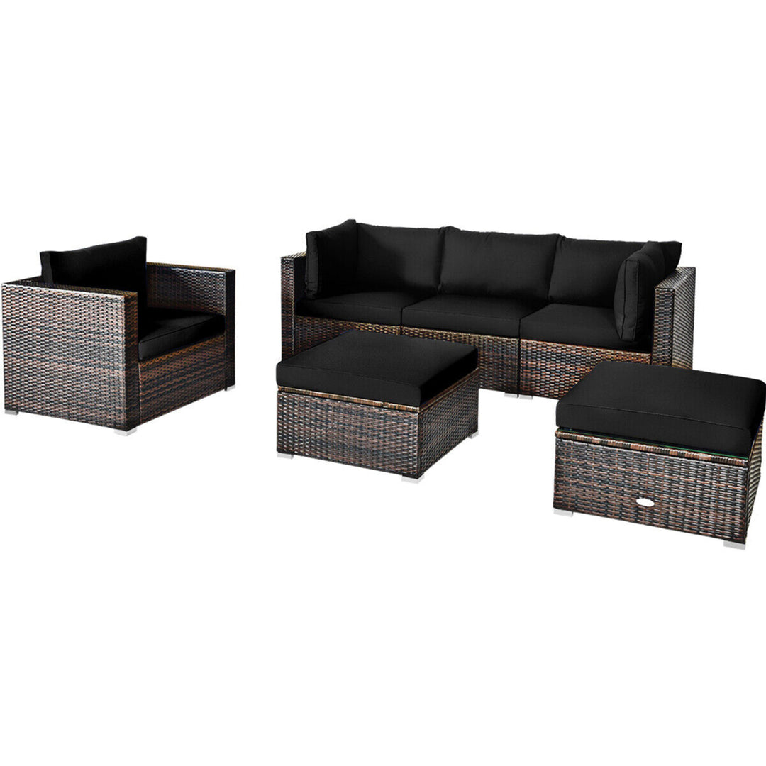 6PCS Patio Conversation Set Rattan Sectional Furniture Set w/ Black Cushions Image 7