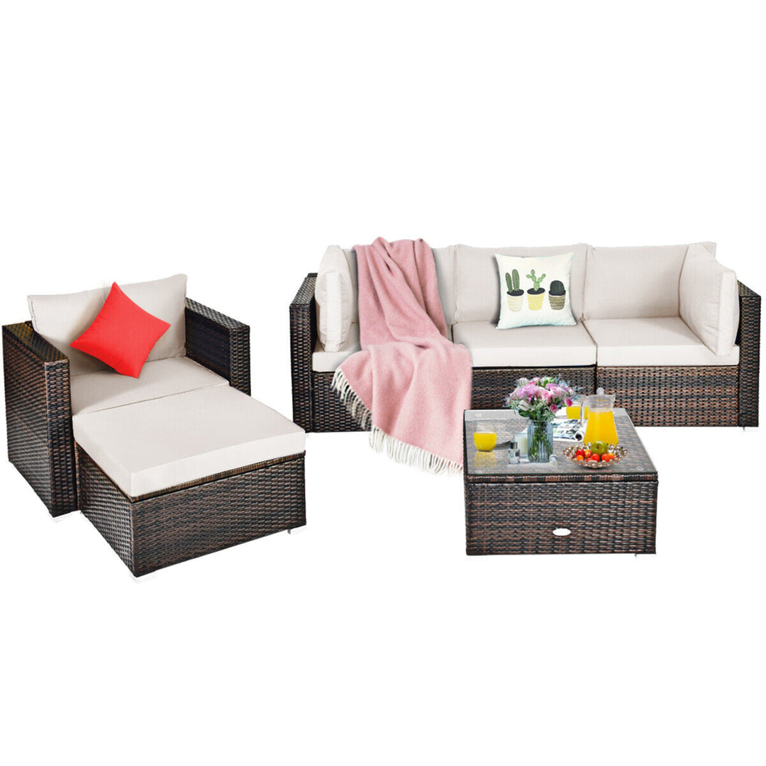 6PCS Patio Conversation Set Rattan Sectional Furniture Set w/ White Cushions Image 7