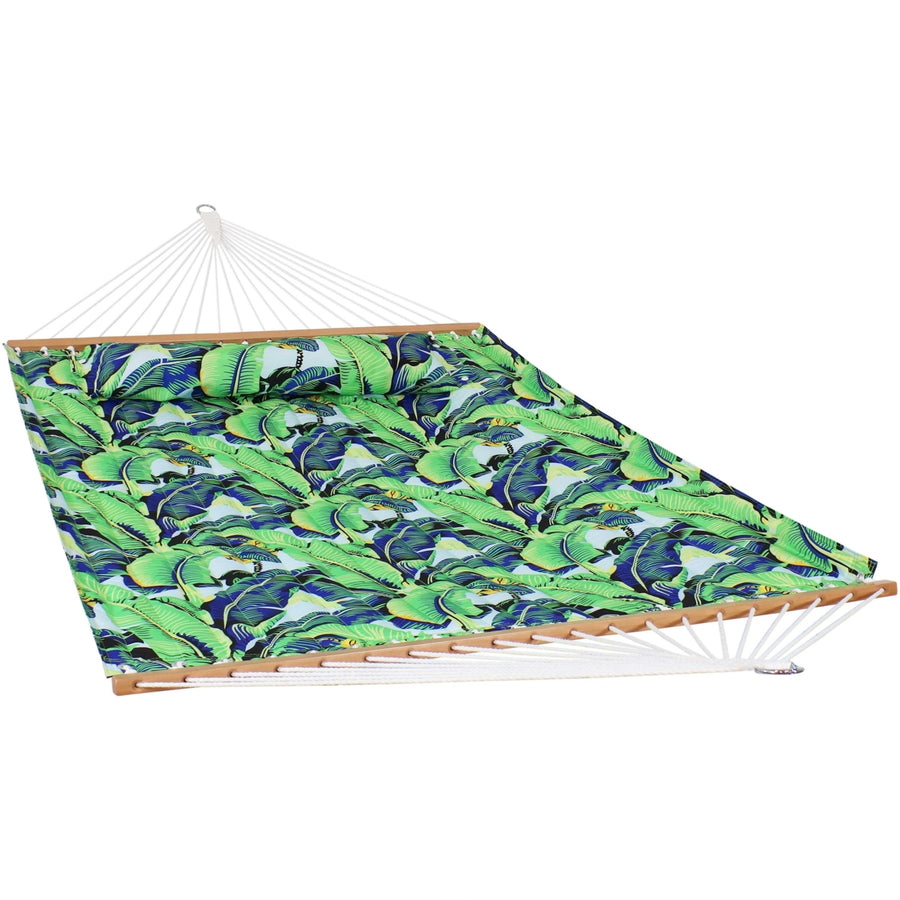 Sunnydaze Large Quilted Hammock with Spreader Bar and Pillow - Exotic Green Image 1