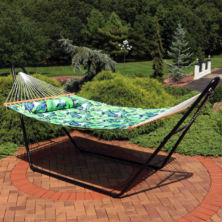 Sunnydaze Large Quilted Hammock with Spreader Bar and Pillow - Exotic Green Image 4