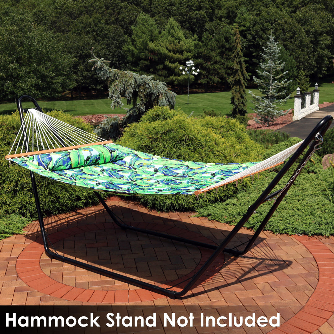 Sunnydaze Large Quilted Hammock with Spreader Bar and Pillow - Exotic Green Image 7