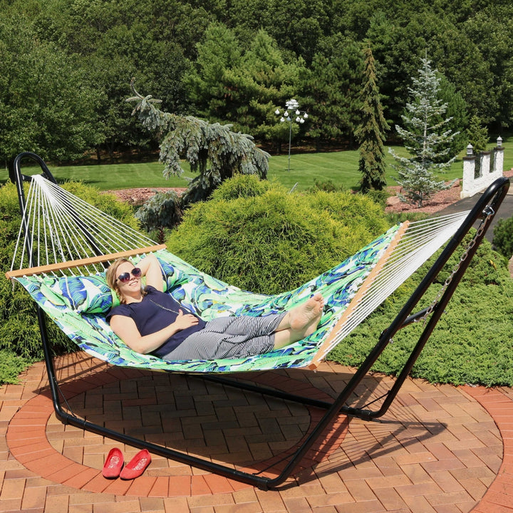 Sunnydaze Large Quilted Hammock with Spreader Bar and Pillow - Exotic Green Image 8