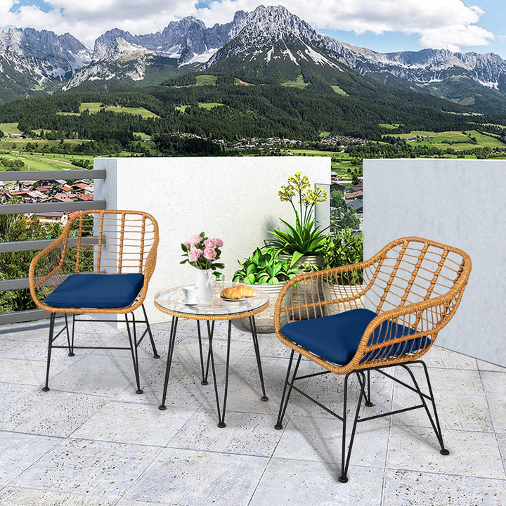 3PCS Rattan Patio Bistro Set Conversation Furniture Set w/ Cushions Image 6