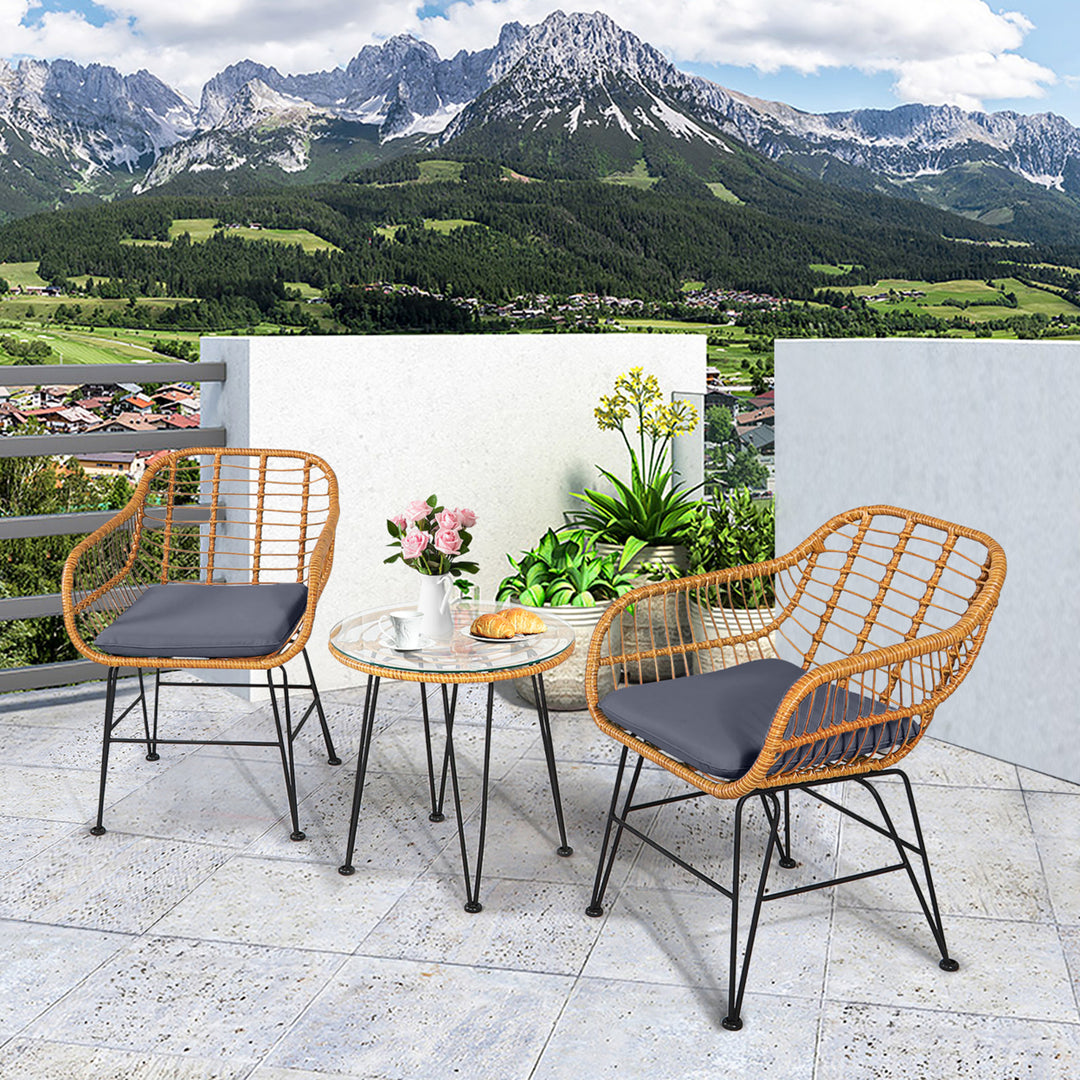 3PCS Rattan Patio Bistro Set Conversation Furniture Set w/ Cushions Image 9