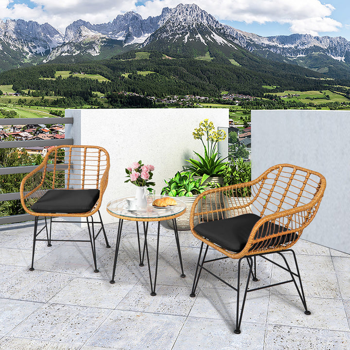 3PCS Rattan Patio Bistro Set Conversation Furniture Set w/ Cushions Image 10