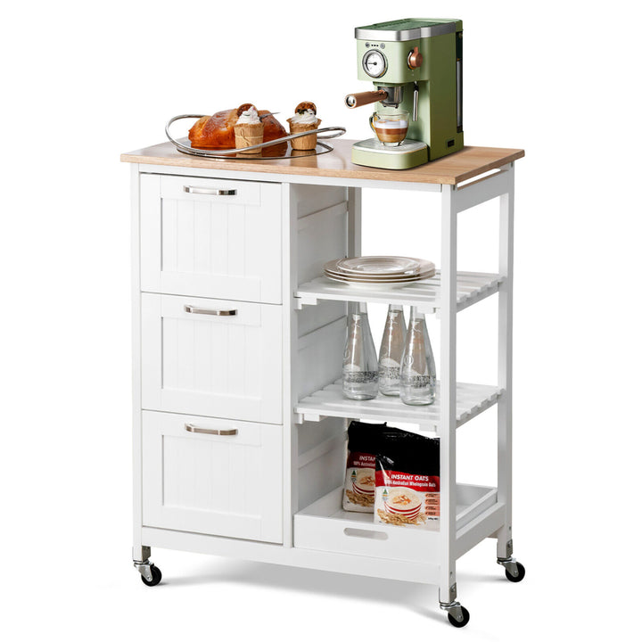 Rolling Kitchen Island Utility Storage Cart w/ 3 Storage Drawers and Shelves Image 4