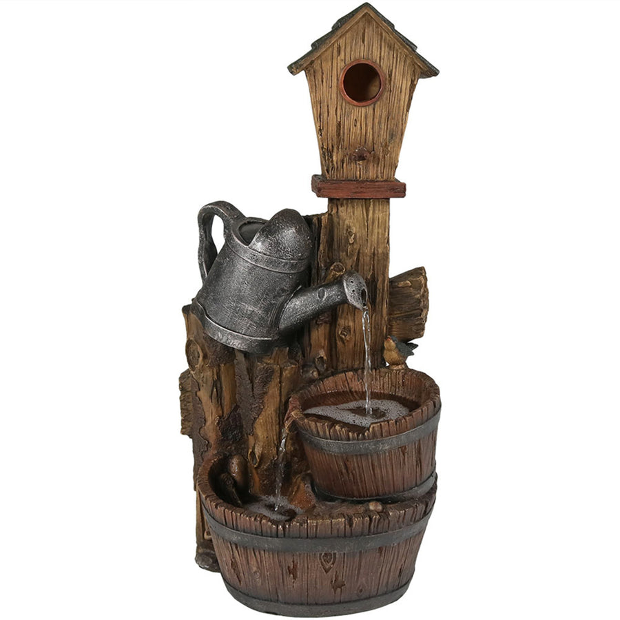 Sunnydaze Rustic Birdhouse and Garden Watering Can Water Fountain - 31 in Image 1