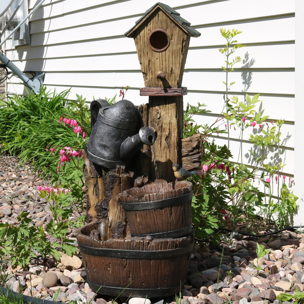 Sunnydaze Rustic Birdhouse and Garden Watering Can Water Fountain - 31 in Image 2