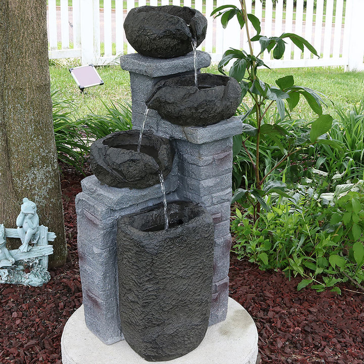 Sunnydaze Cascading Stone Bowl Solar Water Fountain with LED Lights - 27 in Image 4