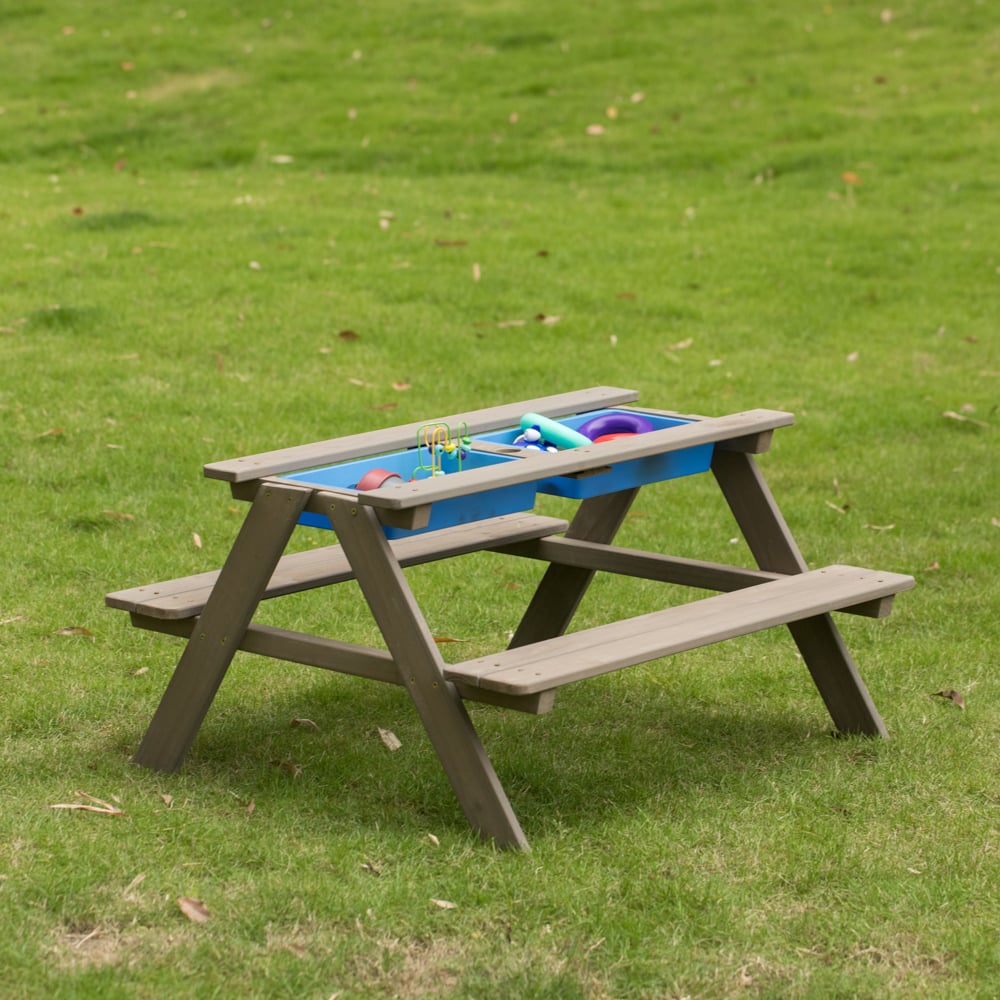 Kids Picnic Play Table, Sandbox Table with Umbrella Hole and 2 Play Boxes with Removable Top Image 1