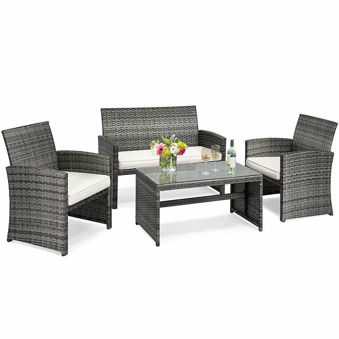 4PCS Rattan Patio Furniture Set Garden Sofa Cushioned Seat Mix Gray Wicker Image 9