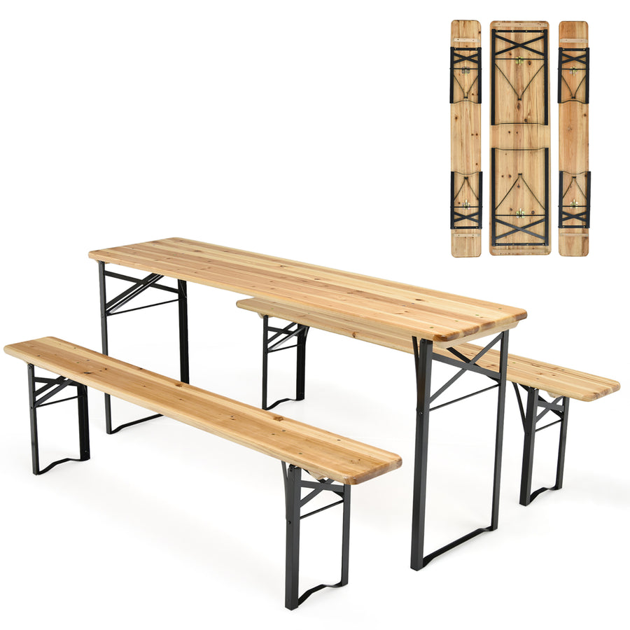 3 PCS Beer Table Bench Set Folding Wooden Top Picnic Table Patio Garden Image 1