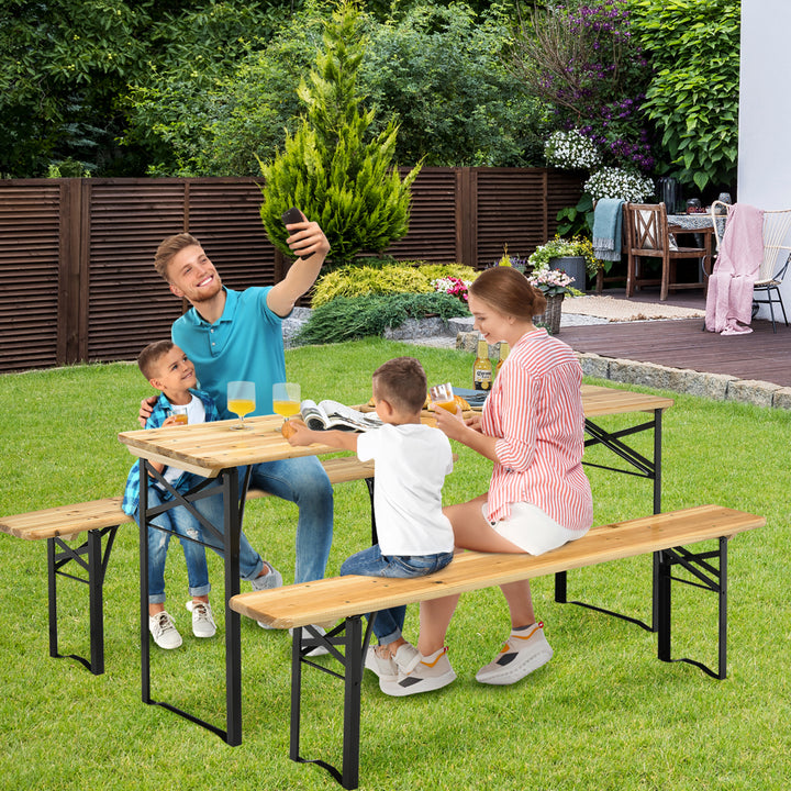 3 PCS Beer Table Bench Set Folding Wooden Top Picnic Table Patio Garden Image 5