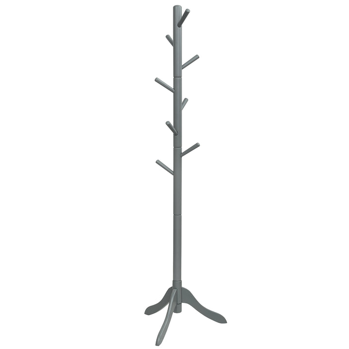 Costway Wooden Coat Rack Stand Entryway Hall Tree 2 Adjustable Height w/ 8 Hooks Gray\Brown Image 1