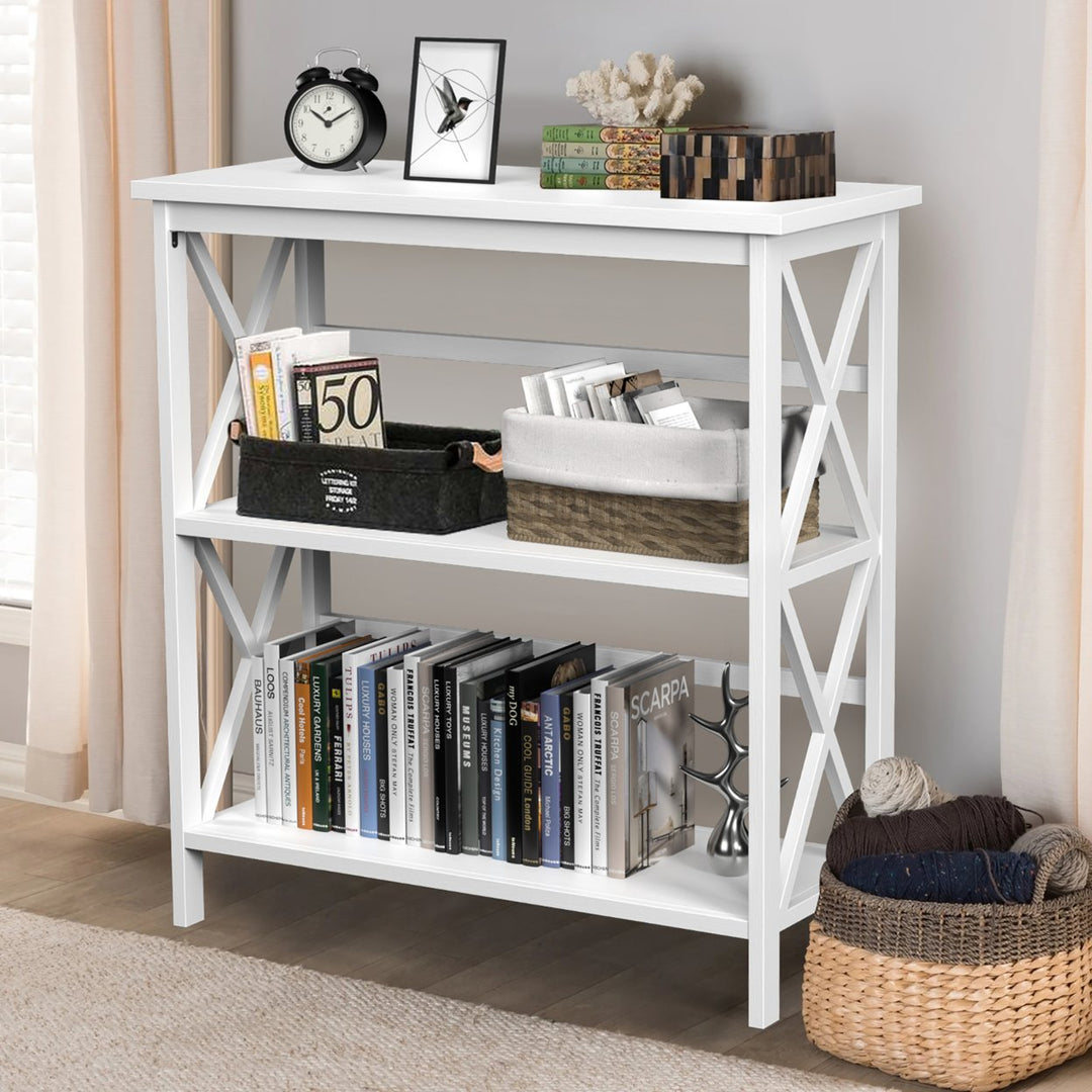 Costway Wooden Shelf Bookcase 3-Tier Open Bookshelf W/X-Design Freestanding Rack BlackBrownNaturalWhite Image 1