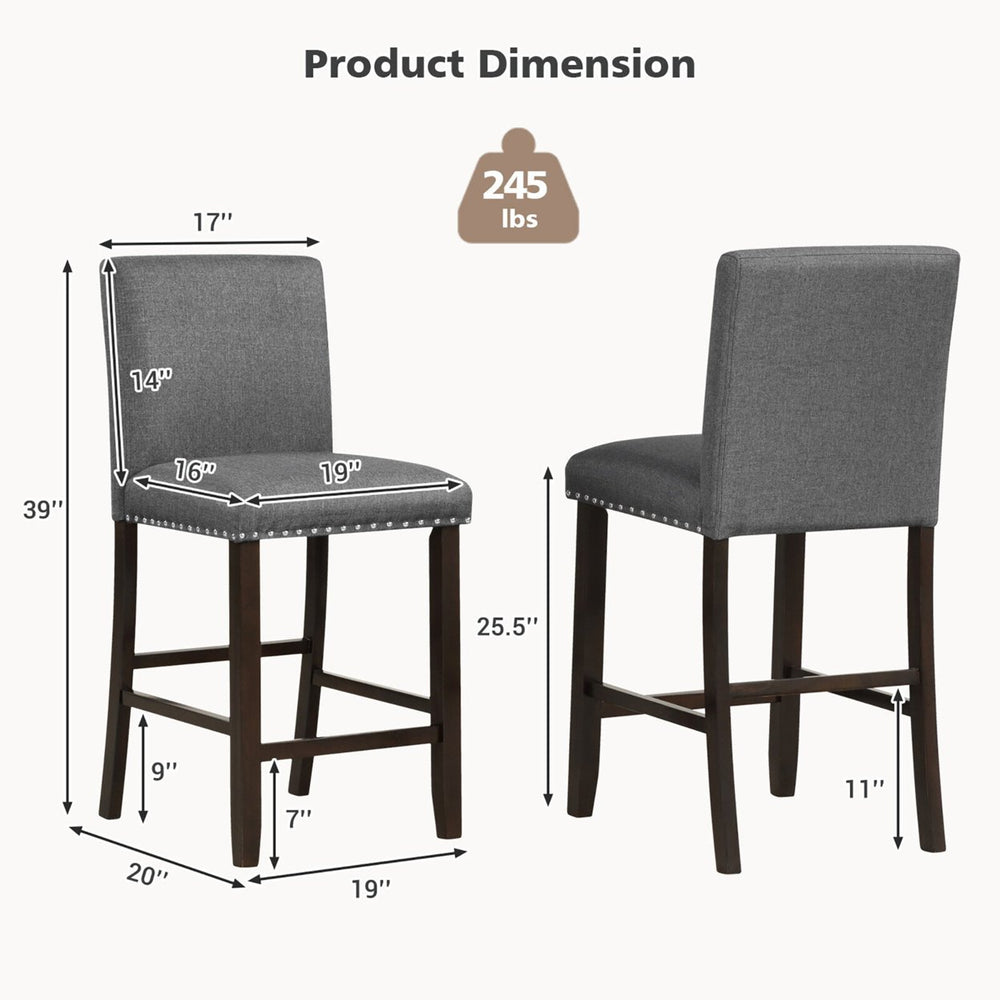 Set of 2 Bar Stools Linen Fabric Counter Height Chairs for Kitchen Island Grey Image 2