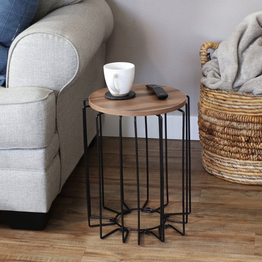 Sunnydaze Steel Wire End Table with Faux Woodgrain Tabletop - Brown Image 4