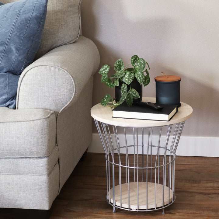 Sunnydaze Wire Pedestal End Table with MDF Pull-Open Tabletop - Cream Image 4