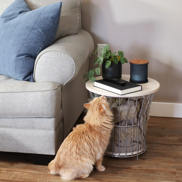 Sunnydaze Wire Pedestal End Table with MDF Pull-Open Tabletop - Cream Image 5