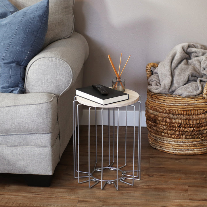 Sunnydaze Steel Wire End Table with Faux Woodgrain Tabletop - Cream Image 4