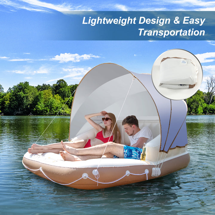 Floating Island Inflatable Swimming Pool Float Lounge Raft with Canopy SPF50+ Retractable Detachable Sunshade with Two Image 5