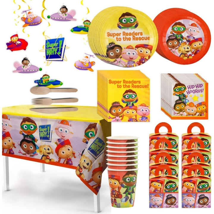 Super Why Kids Themed Party In A Box Complete Kit for 8 Favor Boxes Banner Mighty Mojo Image 1