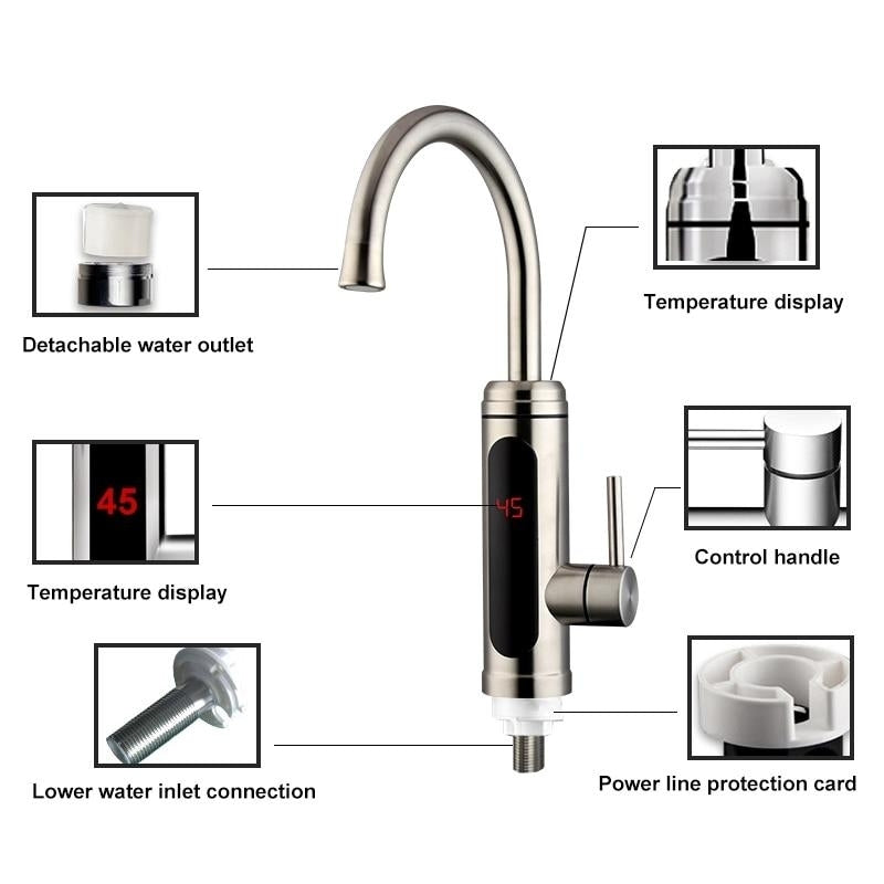 Electric Water Temperature Display Kitchen Tankless Instant Hot Faucet 3000W 220V Image 5