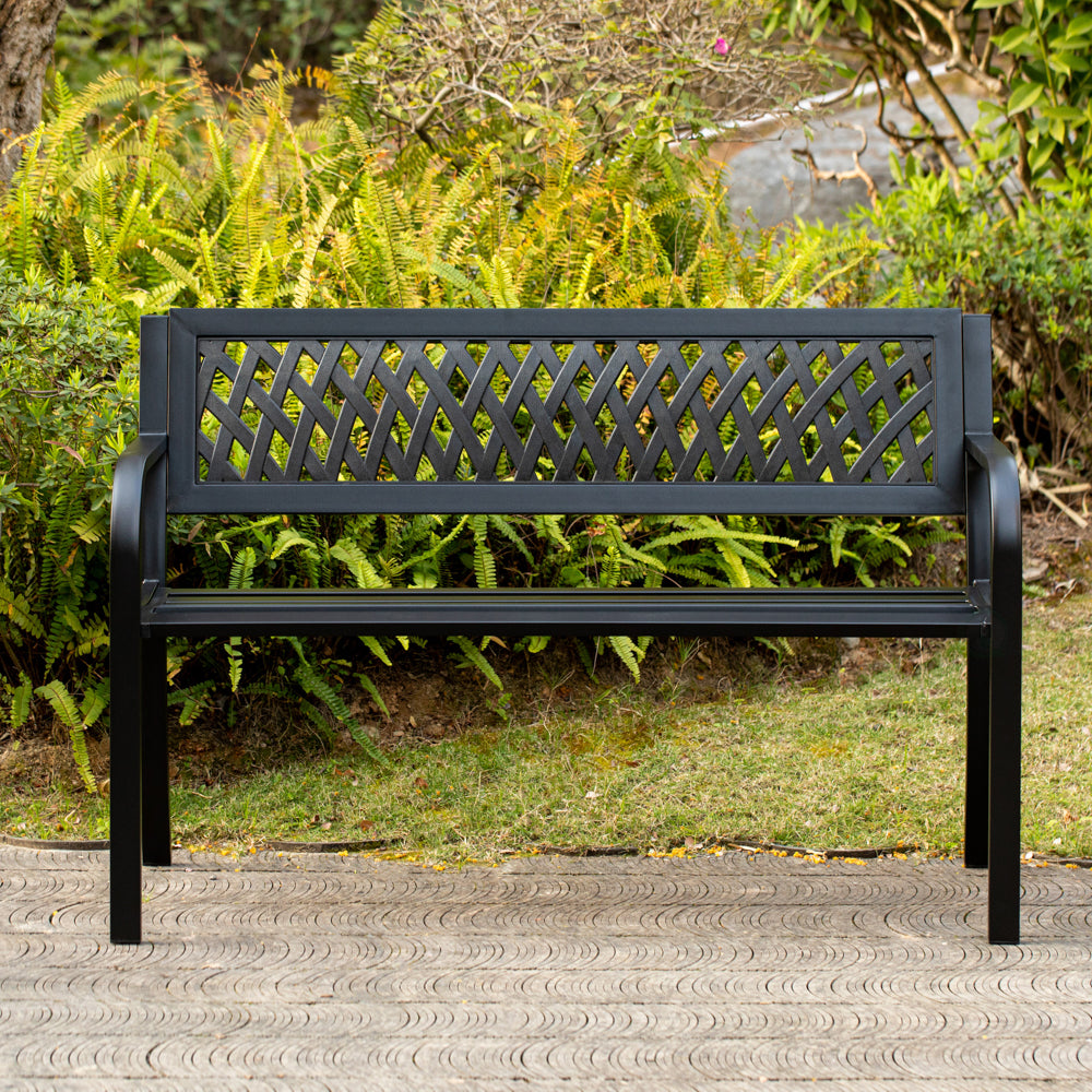 Gardenised 47 inch Steel Outdoor Park Bench Black Weather Resistant Patio Seating Image 9