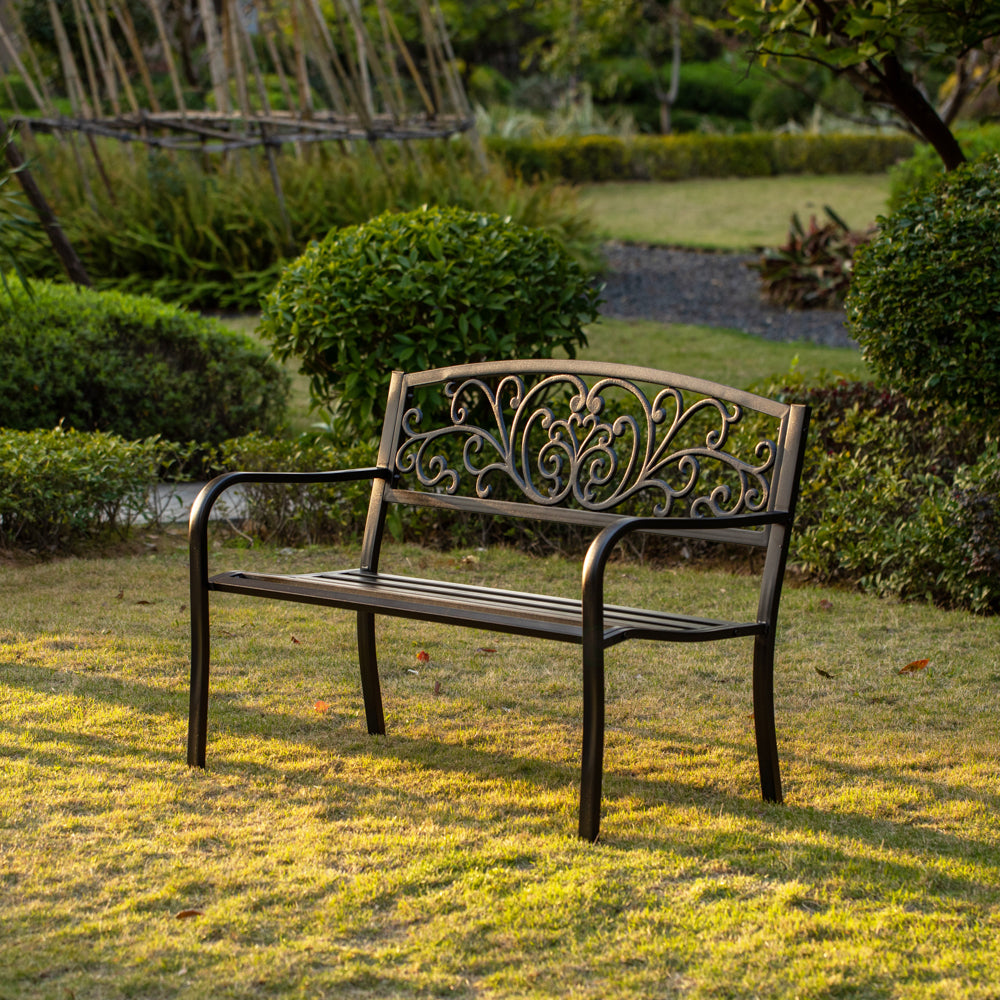 Gardenised Black Patio Garden Park Yard 50 in. Outdoor Steel Bench Powder Coated with Cast Iron Back Image 2