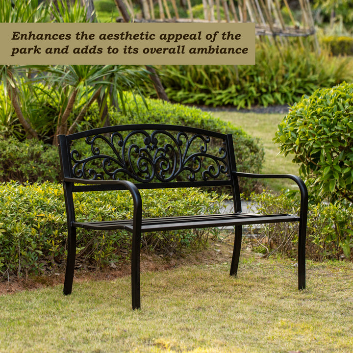 Gardenised Black Patio Garden Park Yard 50 in. Outdoor Steel Bench Powder Coated with Cast Iron Back Image 3